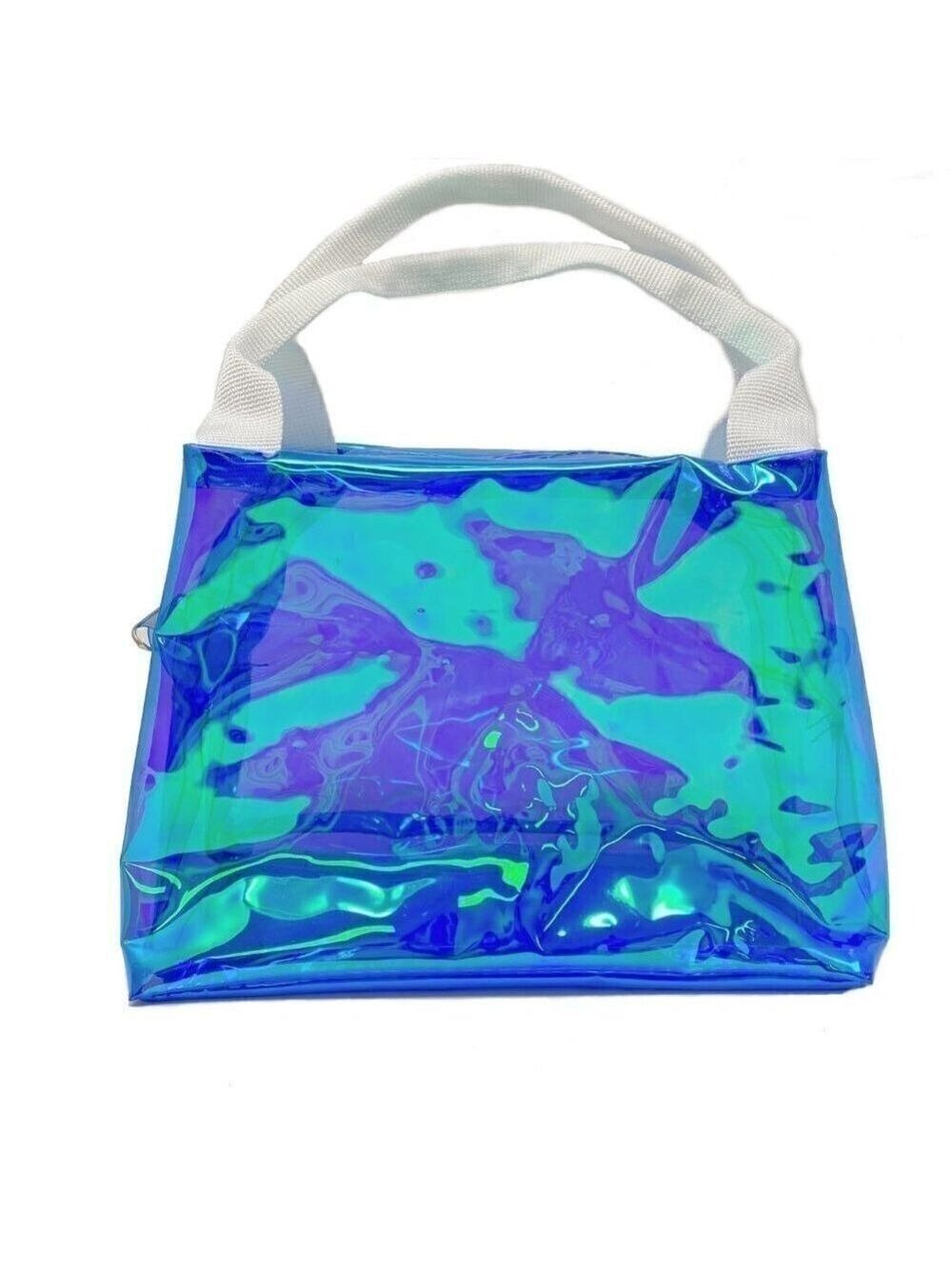 Blue iridescent bag with top zipper w/ white handle Cosmetic bag Bath caddy NEW
